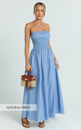 Strapless Smocked Dress in Blue Stripe