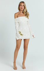 Off Shoulder Long Sleeve Fitted Dress in Ivory