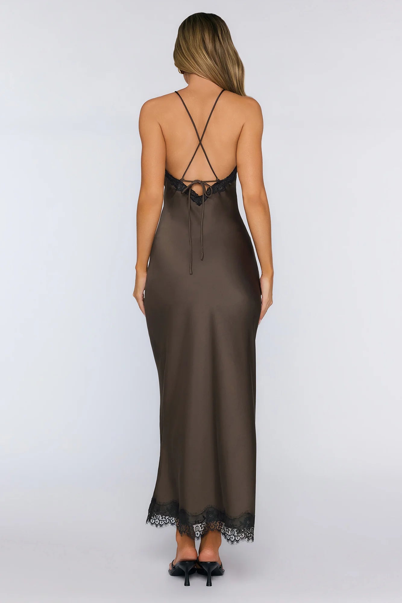 Editorial Archive Satin Lace Maxi Dress Brown